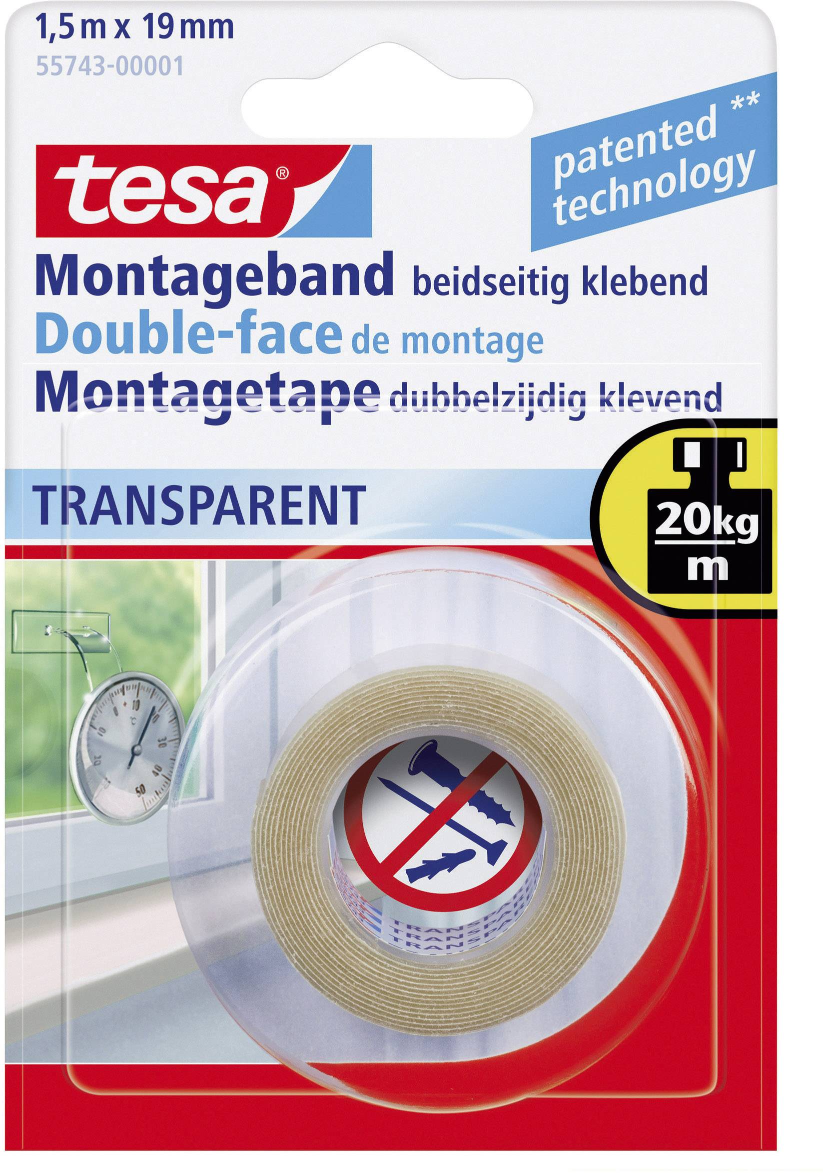 Tesa Mounting Tape, double-sided adhesive, transparent, 1.5m x 19mm, supports up to 20kg/m, suitable for smooth surfaces.