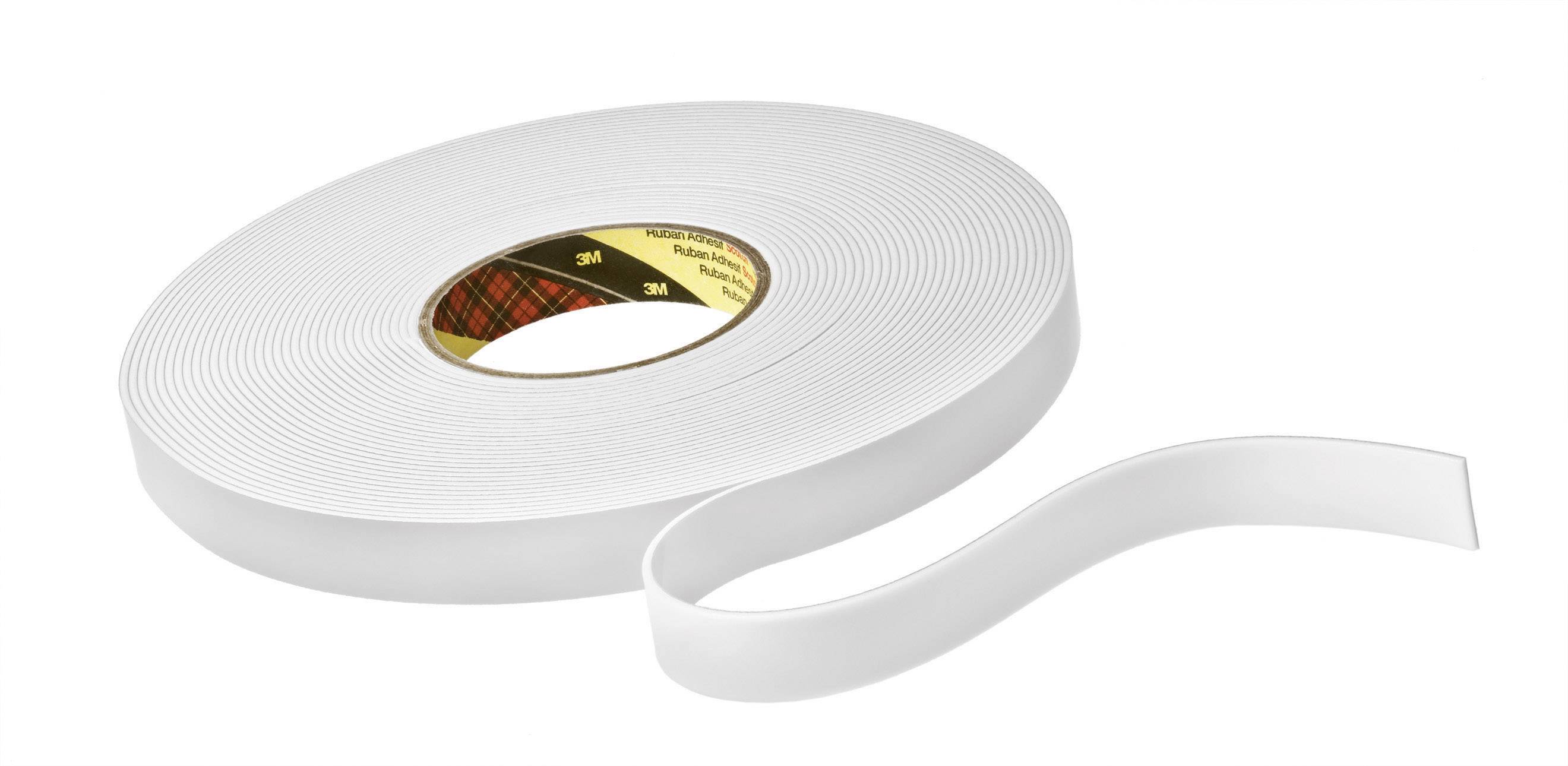 A roll of double-sided adhesive tape, white, unwound with a loose strip. Brand logo visible inside the roll.