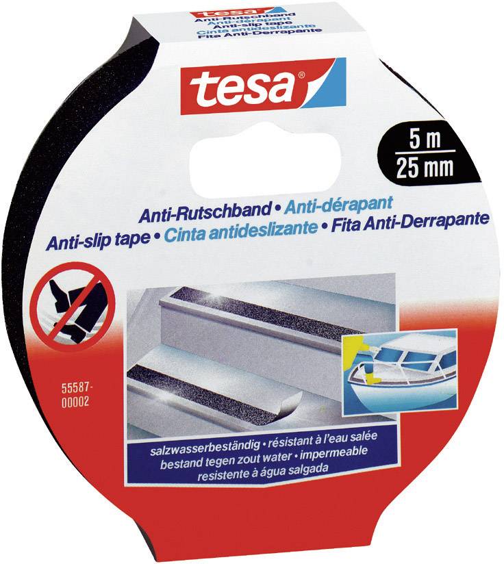 'tesa' anti-slip tape, 5 m long, 25 mm wide. Image shows application on stairs and boat deck, salt water resistant.