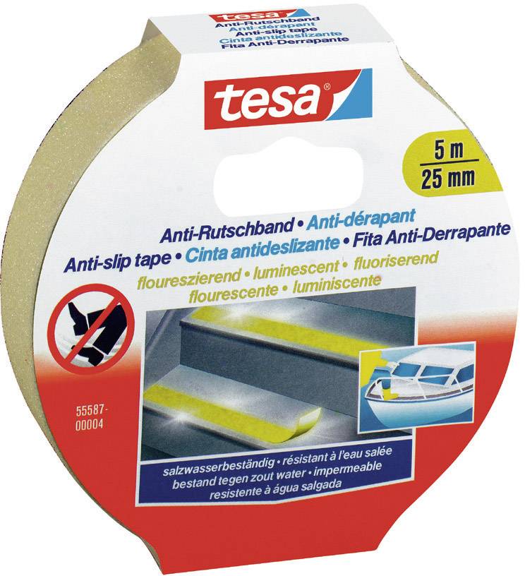 Box of Tesa Anti-Slip Tape, 5 m x 25 mm, fluorescent, salt water resistant, with image of application in car and on stairs.