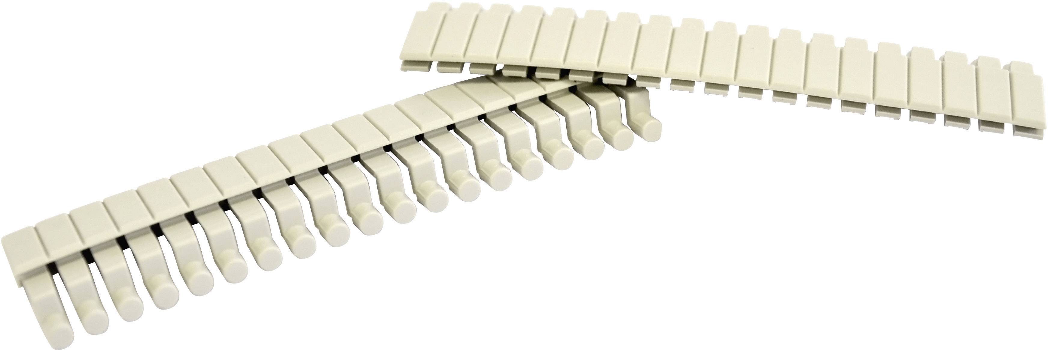 Two bright, flexible plastic cable ties are layered on top of each other. They are composed of individually connected links for cable organisation.