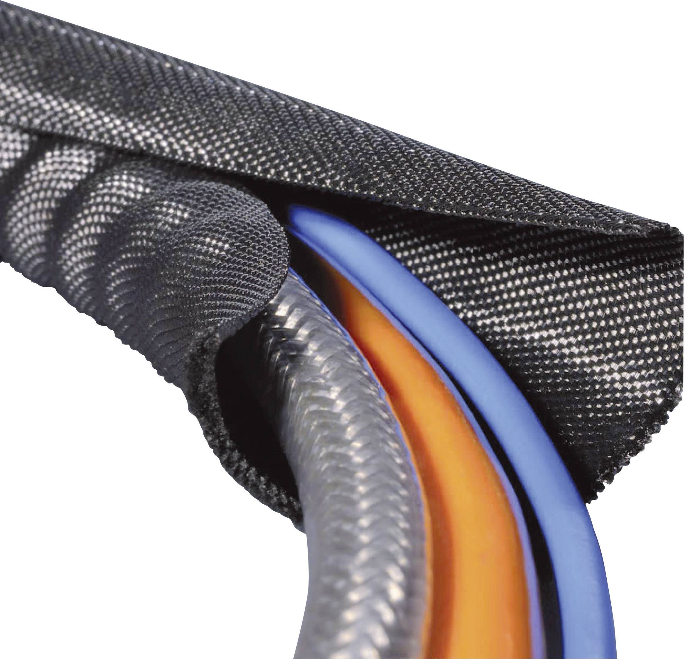 A bundle of cables is enclosed by a black protective sheath. The cables are in various colours such as blue and orange.