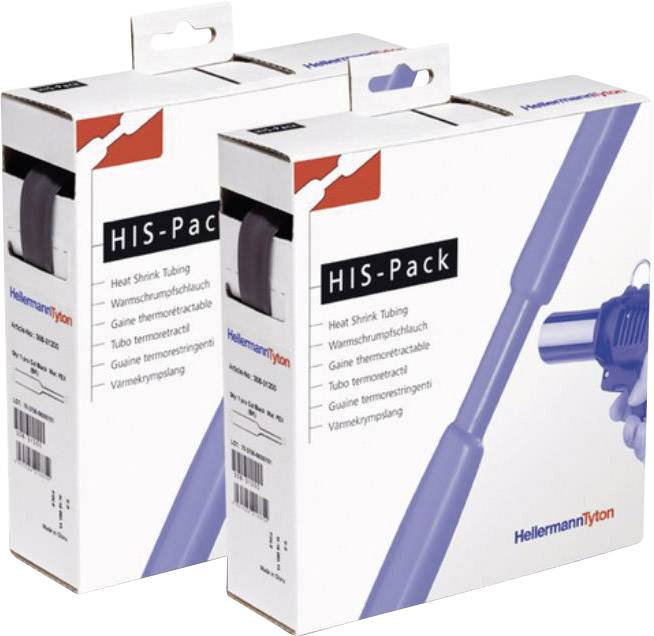 Two packaging units with the inscription 'HIS-Pack', representing heat-shrink tubing from HellermannTyton.
