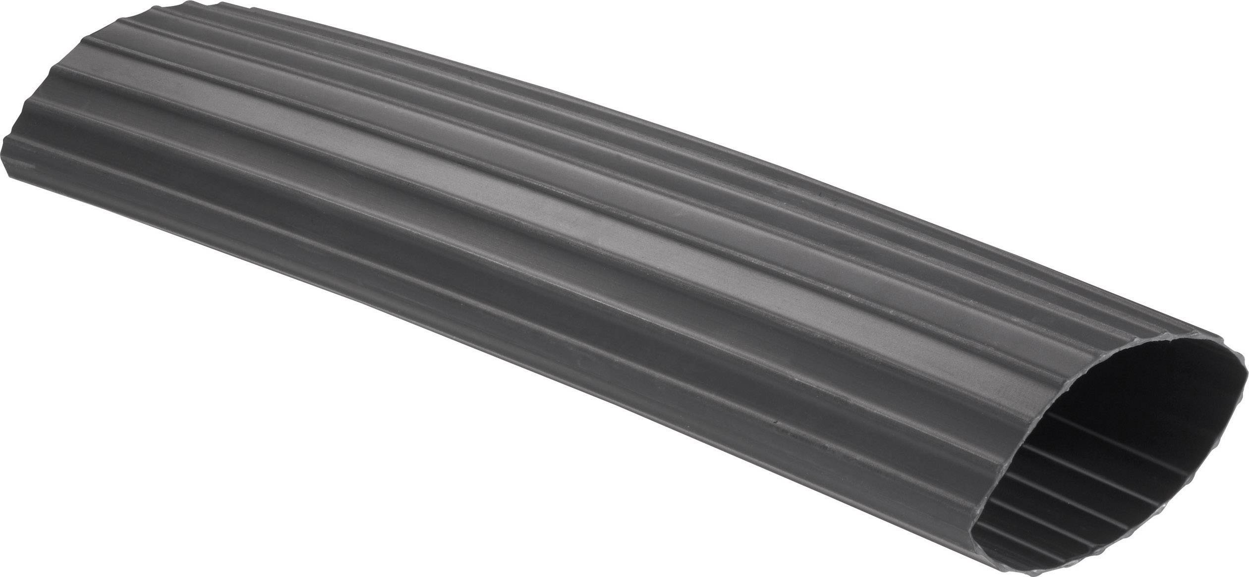 Black, ribbed plastic tube on a white background, slightly curved.