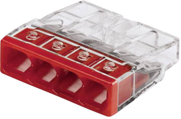 Four-pole, transparent cable connector with red plastic housing and silver contacts. Suitable for electrical connections.
