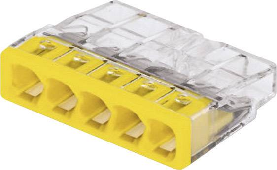 Five-pole, transparent yellow plug-in terminal block for cable connections in electrical installations.