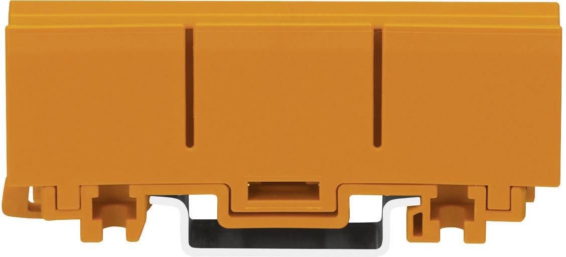 The image depicts an orange electrical component with connective sockets that is potentially part of an industrial control system.