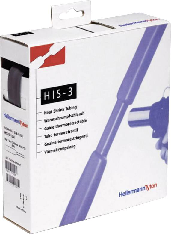 Packaging for HellermannTyton HIS-3 heat shrink tubing, showing application example and product information in multiple languages.