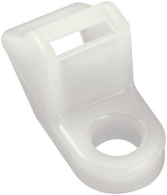 White plastic component with a rectangular opening at the top and a circular hole at the bottom, potentially a mounting or fixing element for mechanical applications.