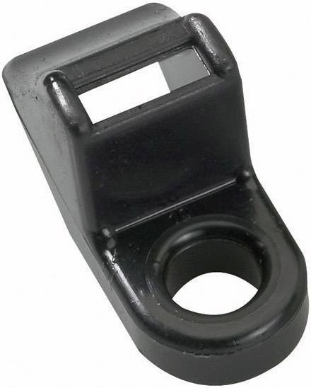 A black, rectangular plastic component with a large round hole at one end and a smaller rectangular window at the top.