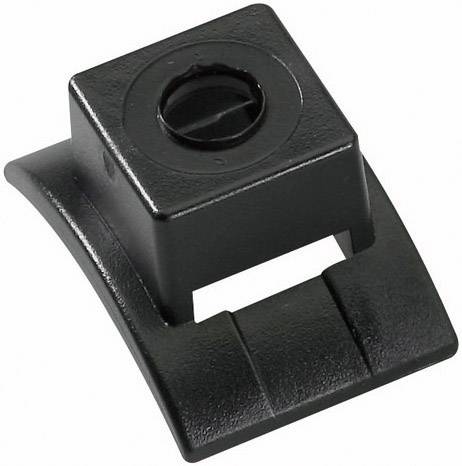 Black plastic screw cap with a square shape and slot. Used for securing cables or wires.