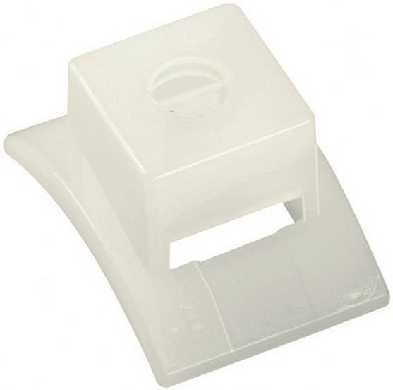 White, square plastic cap with rounded bottom edge and small circular opening at the top, used for covering.