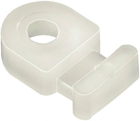 A white, hook-shaped plastic object with a round hole at one end.