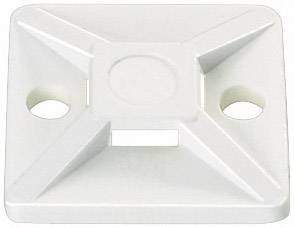 White plastic cable tie mount with two holes for screw fixing, rectangular shape, central raised section.