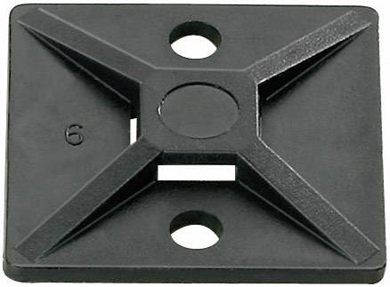 Black square cable holder with two mounting holes and a raised, cross-shaped structure in the centre.