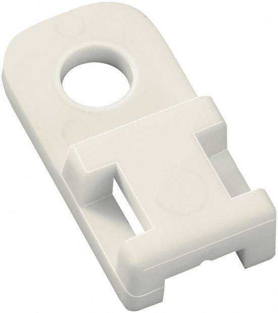 White plastic fixing clip with a circular opening and a rectangular mounting bracket, possibly for furniture or equipment installation.