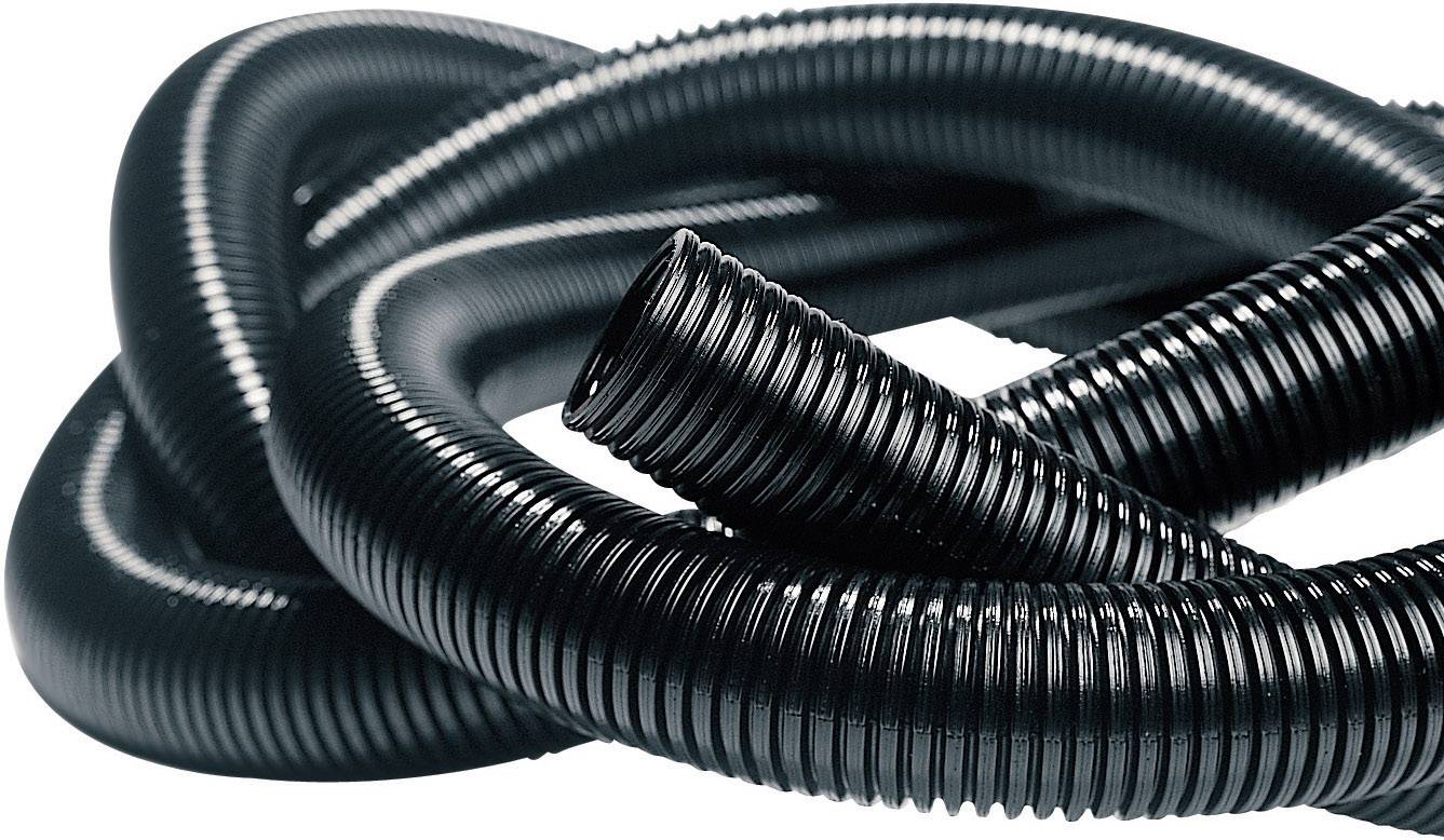 Flexible corrugated black plastic conduit, curved and adaptable, suitable for cable routing and protection against external influences.