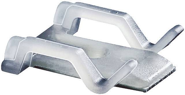 Metal fastening clip with two curved hooks and a flat base, used for securing objects.