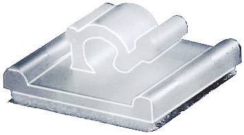 Metal cable mounting clip viewed from the side. It is used for securing cables and has a curved mounting bracket.