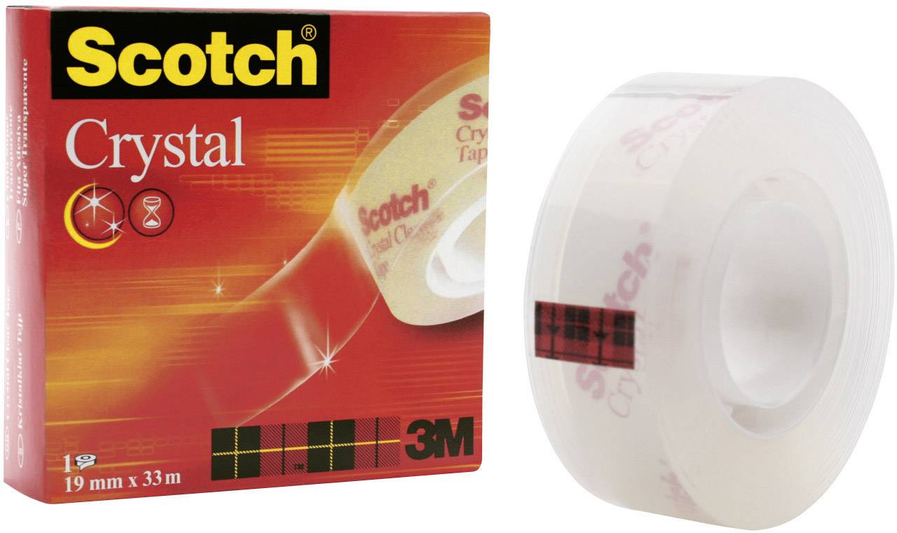 Packaging and Roll of Scotch Crystal Tape, transparent, 19 mm x 33 m, suitable for light office and household applications.