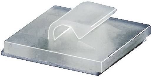 A transparent adhesive hook on a square base for securing cables or light objects to a surface.