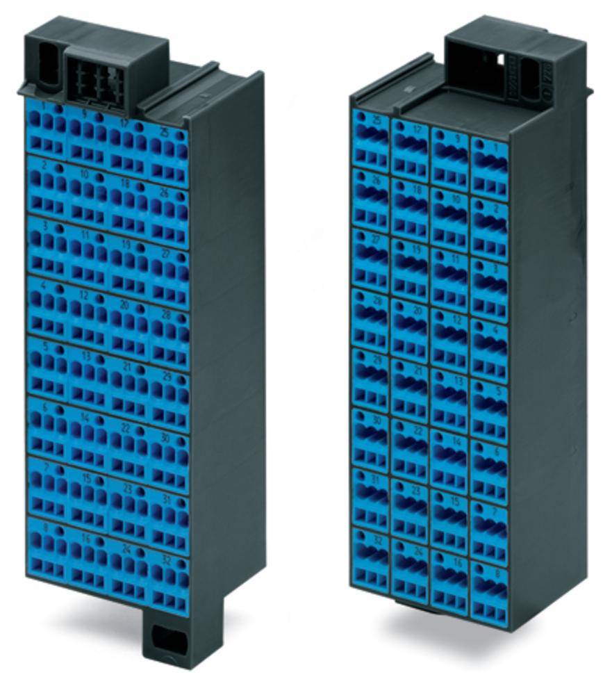 Two blue, rectangular electronic plug modules side by side, with multiple connection ports, in a black housing.