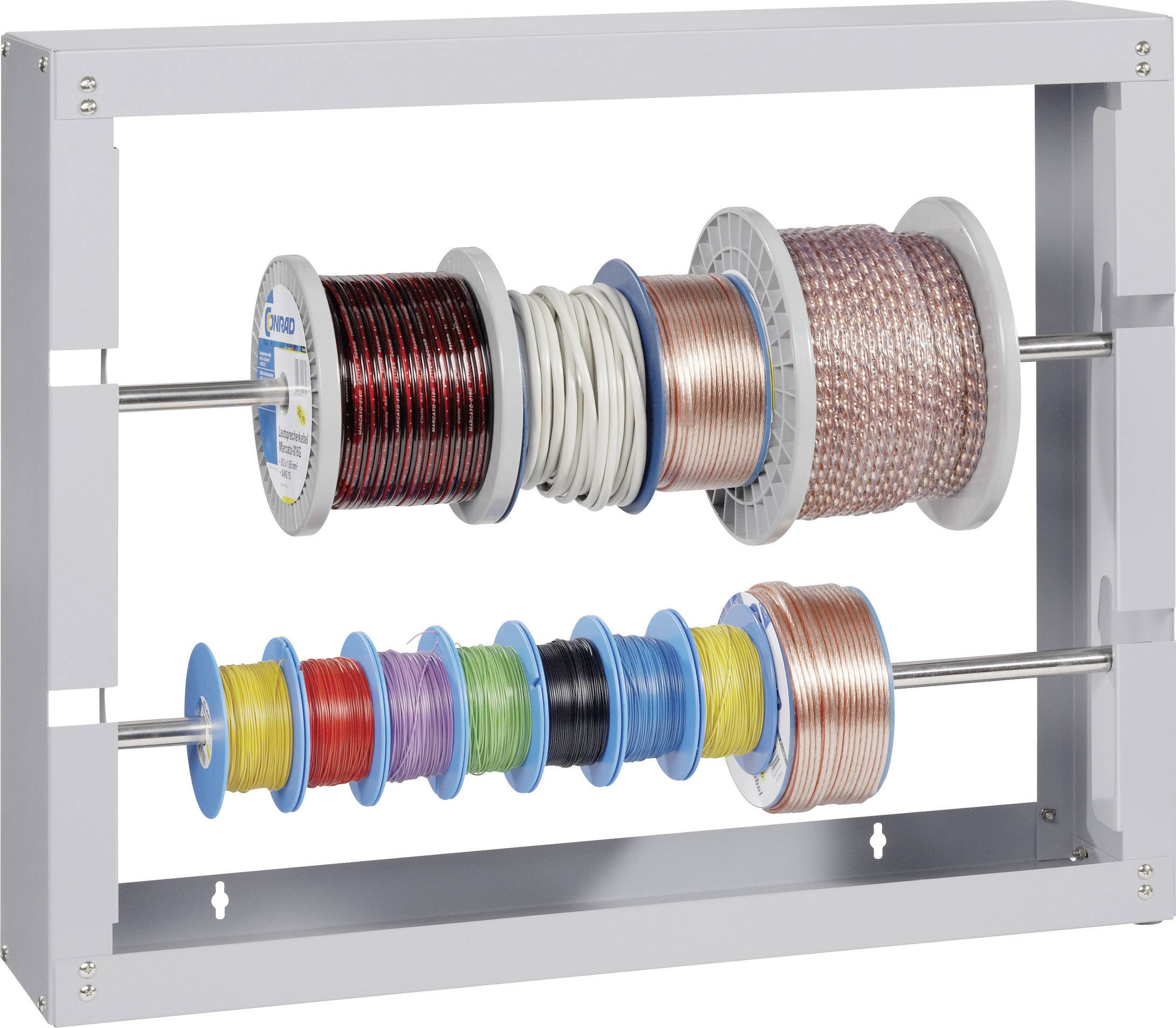 Cable management rack with multiple coloured cable reels mounted in two rows on a metal bracket.