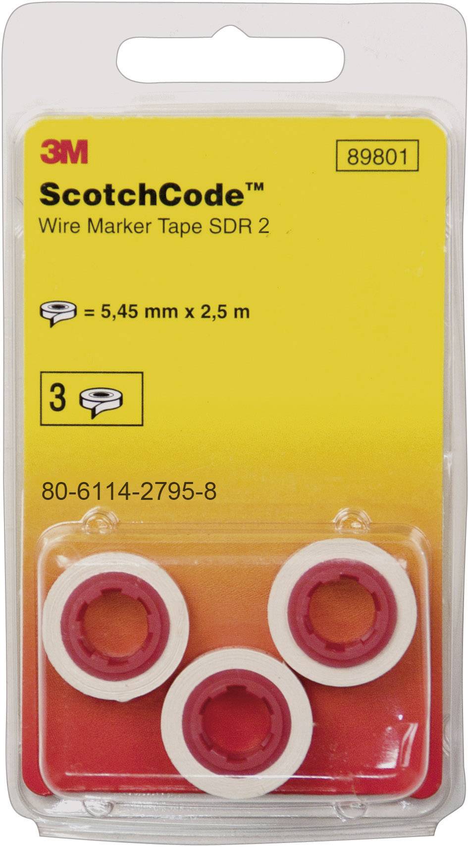 '3M ScotchCode Wire Marker Tape SDR 2' pack of three rolls. Dimensions: 5.45 mm x 2.5 m. Model number: 89801.