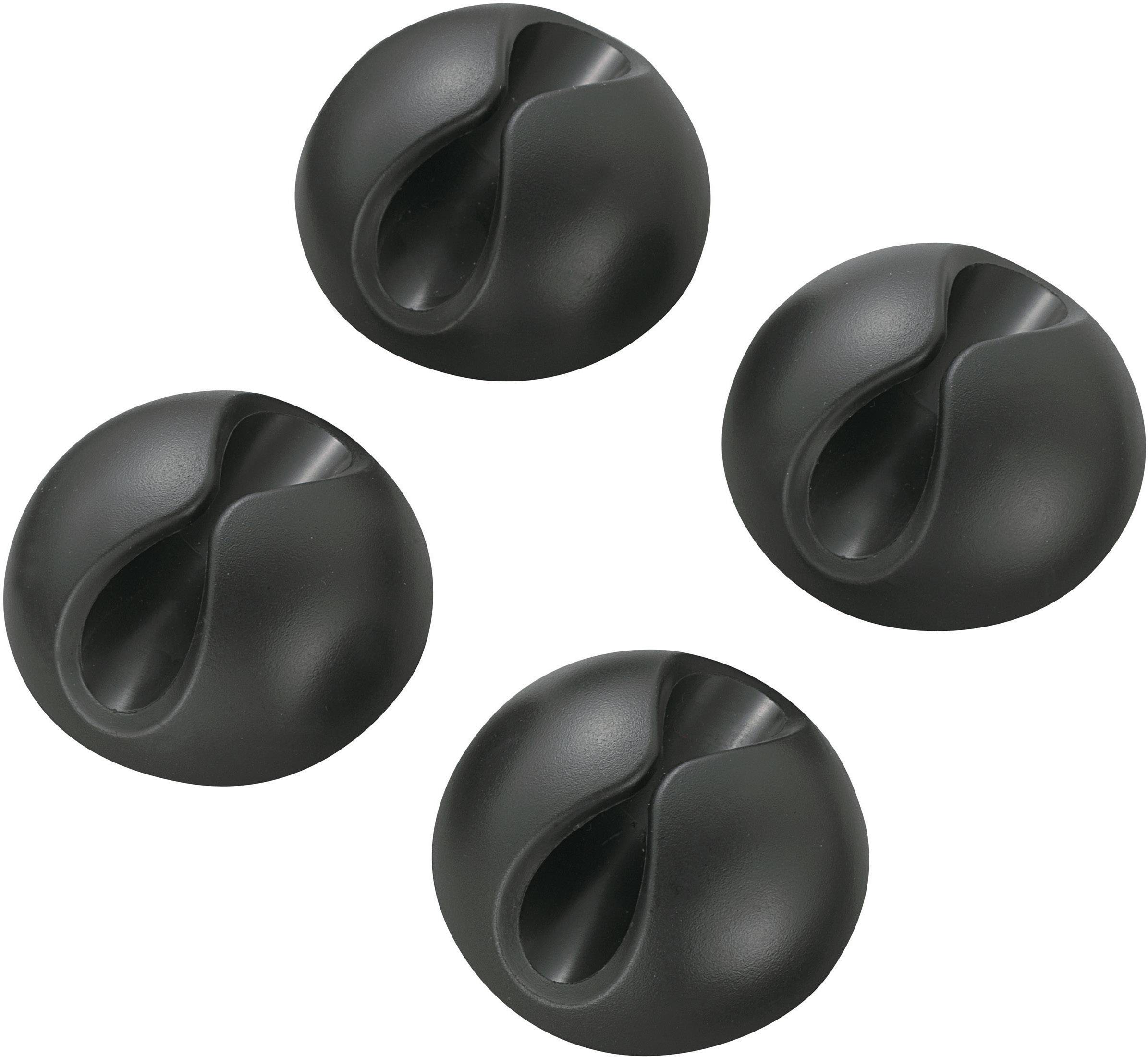 Four black plastic cable holders, round in shape, with an opening for securing cables. Ideal for desks.