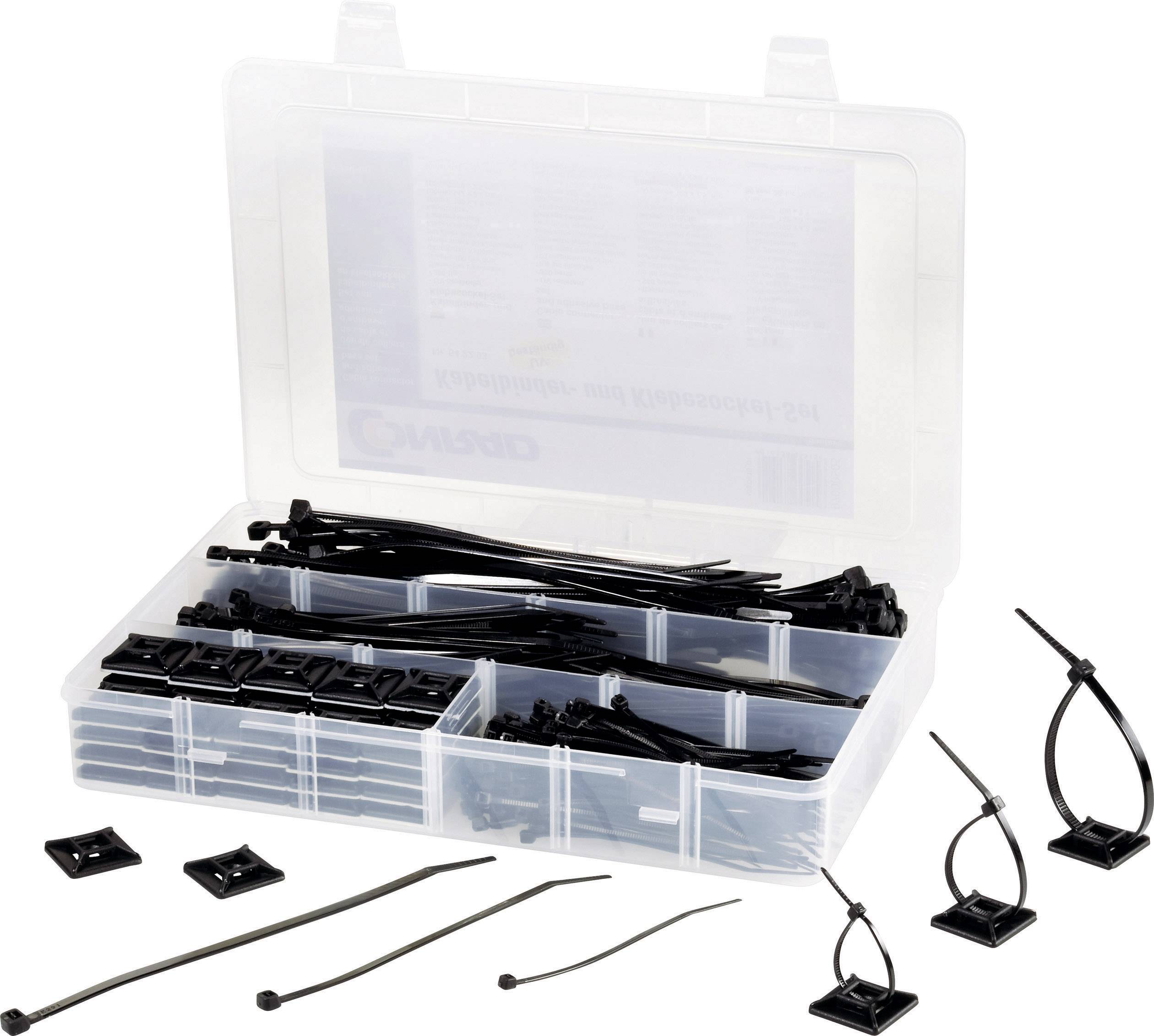 Plastic storage box with various cable ties and mounting elements organised in compartments.