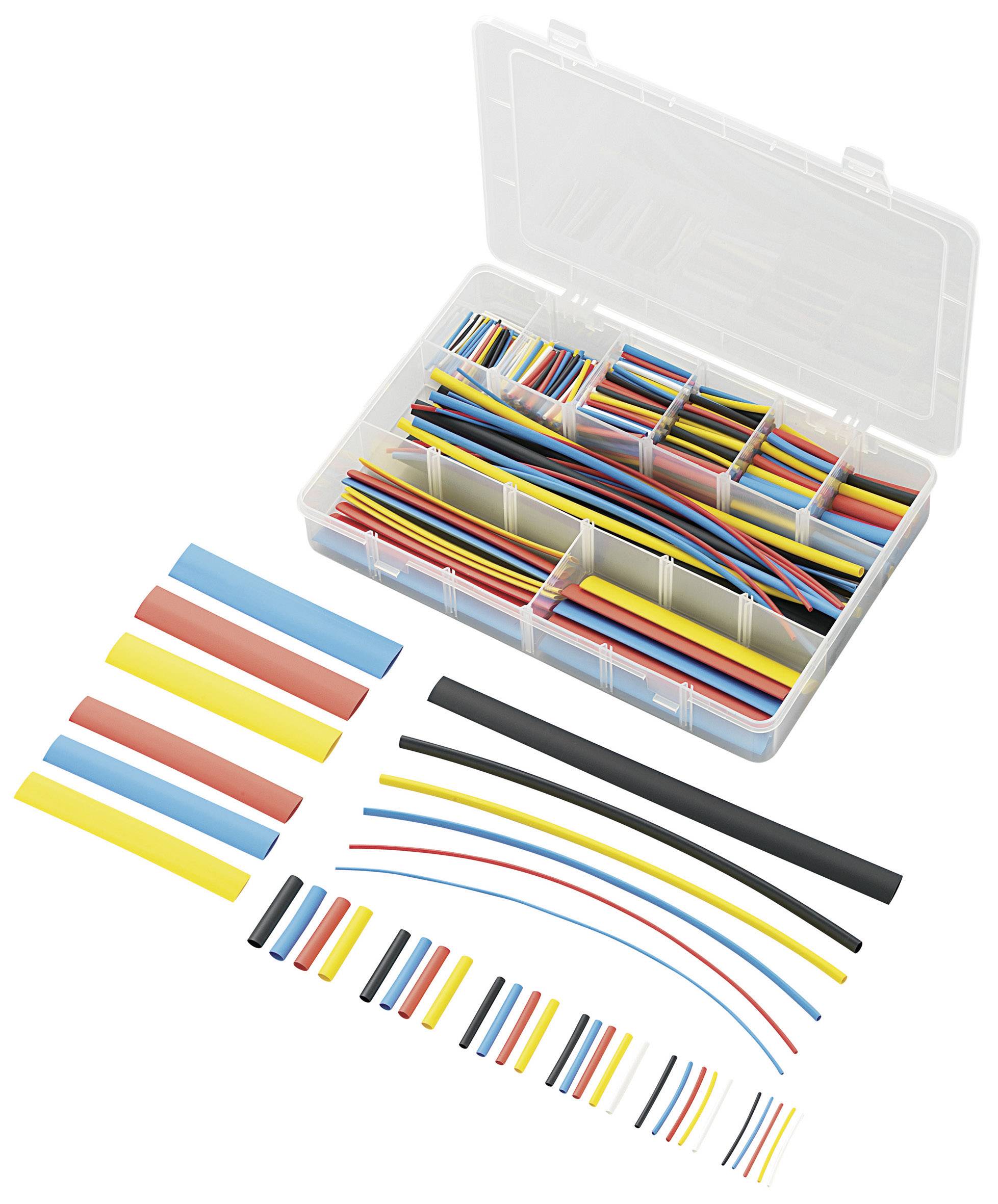 Assortment of colourful heat-shrink tubing in a transparent box, laid out and sorted by size and colour on a white background.