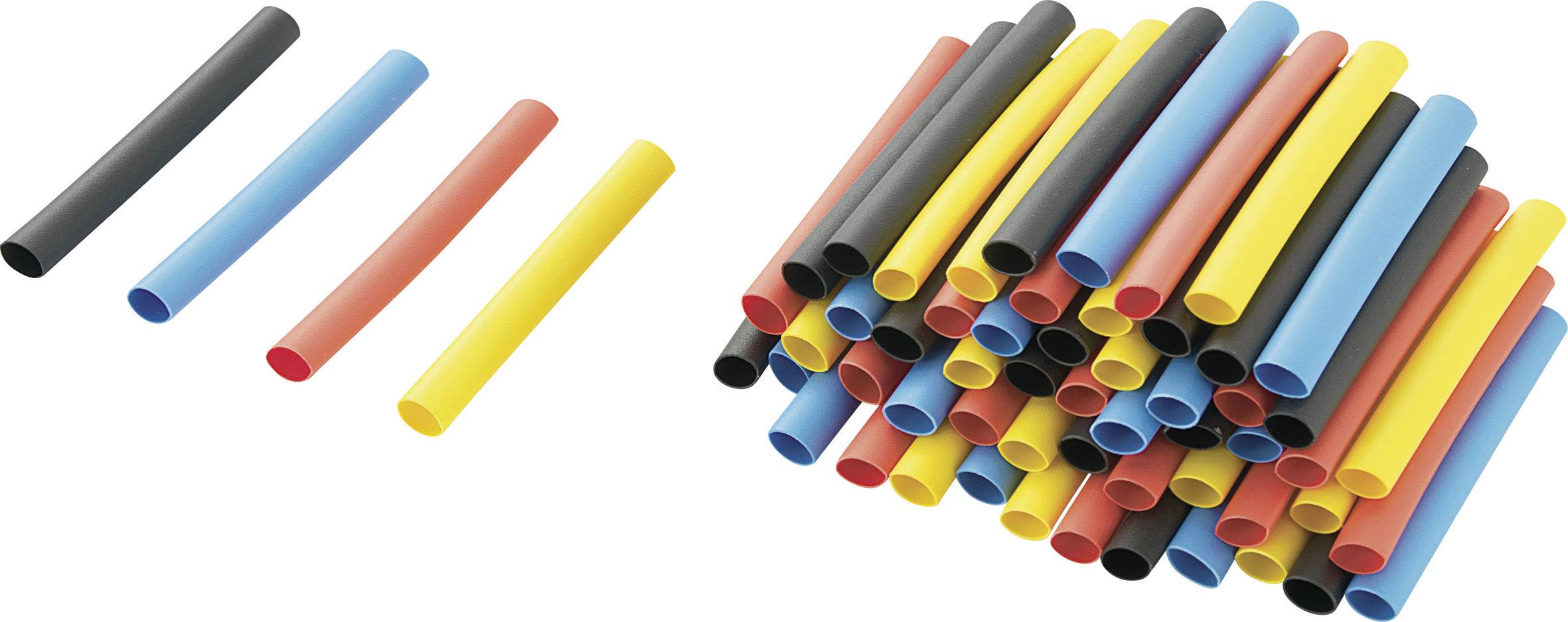 Heat-shrink tubing in four colours: Black, Red, Yellow, Blue. Four tubes on the left, many identical ones in a stack on the right.