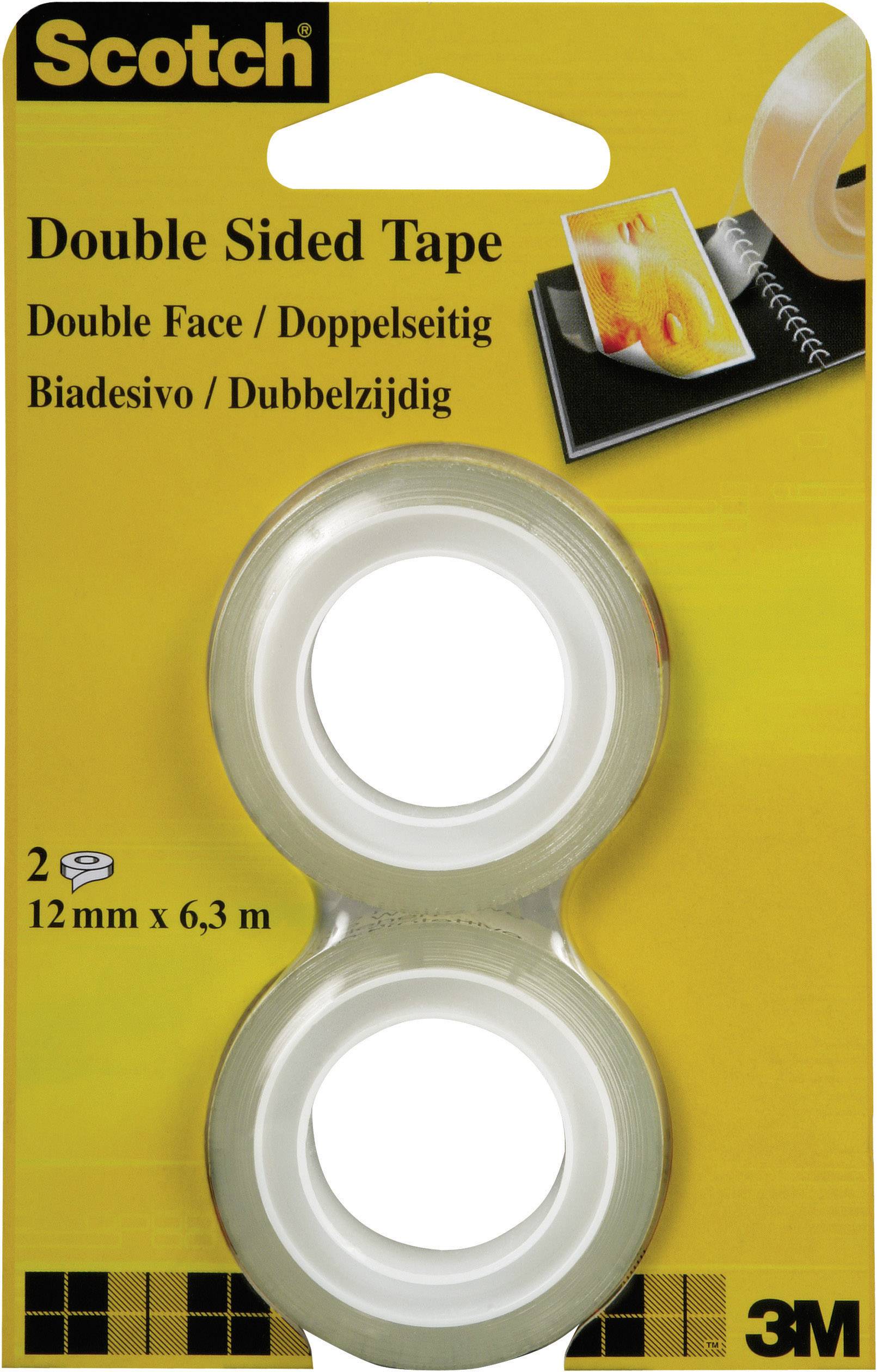 A pack containing two rolls of double-sided Scotch tape, each 12 mm wide and 6.3 m long.