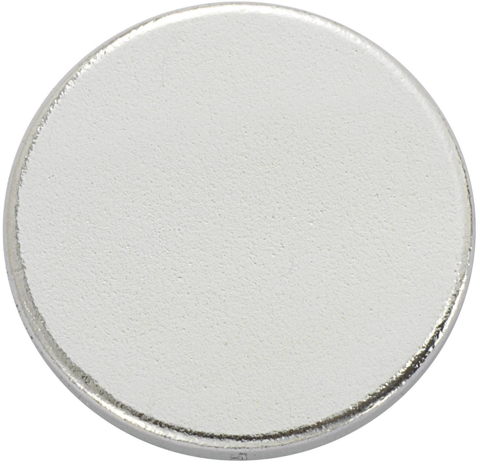Silver, round button cell battery on a white background.