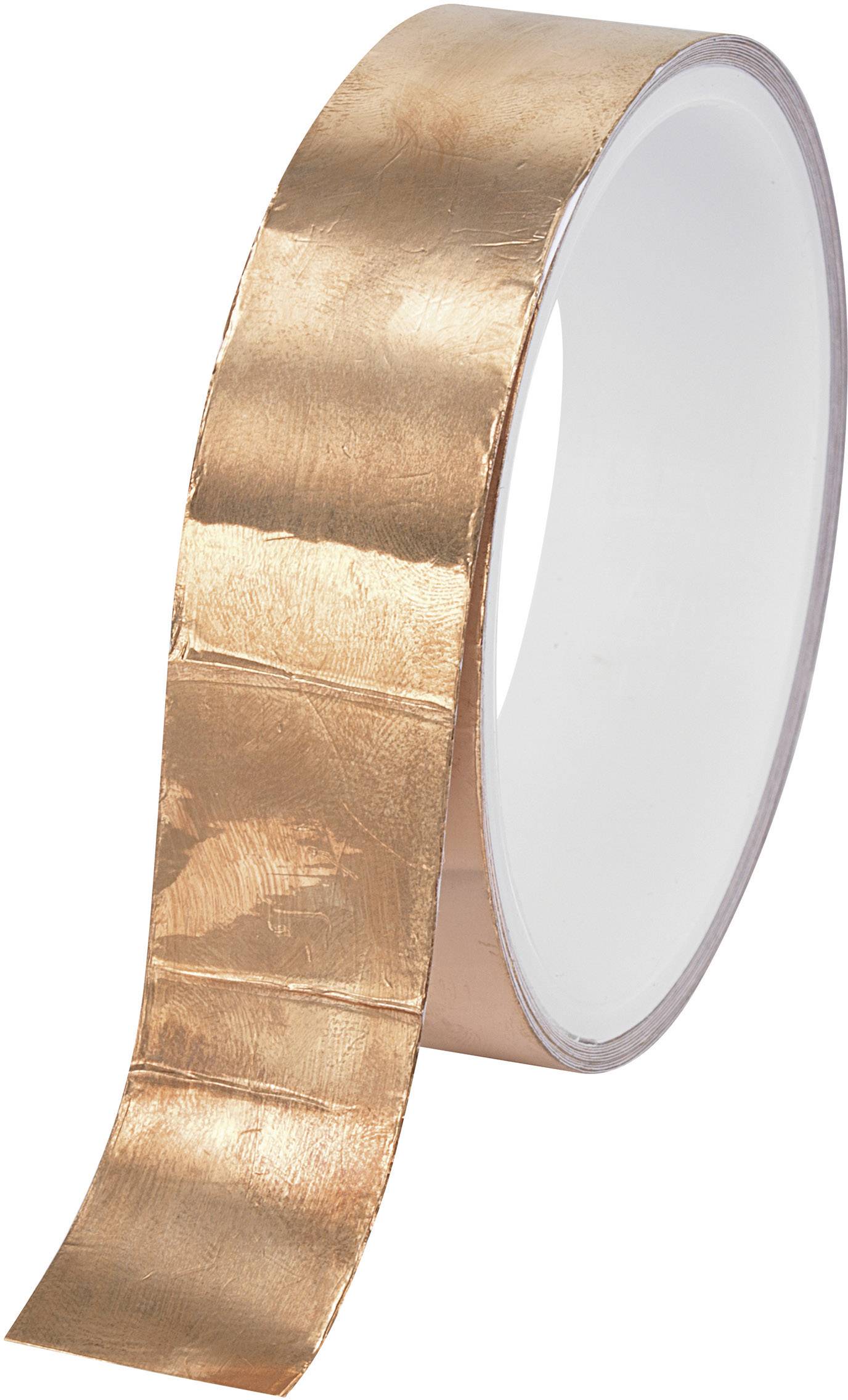 A roll of copper adhesive tape, partially unrolled, with its sticky backing exposed.