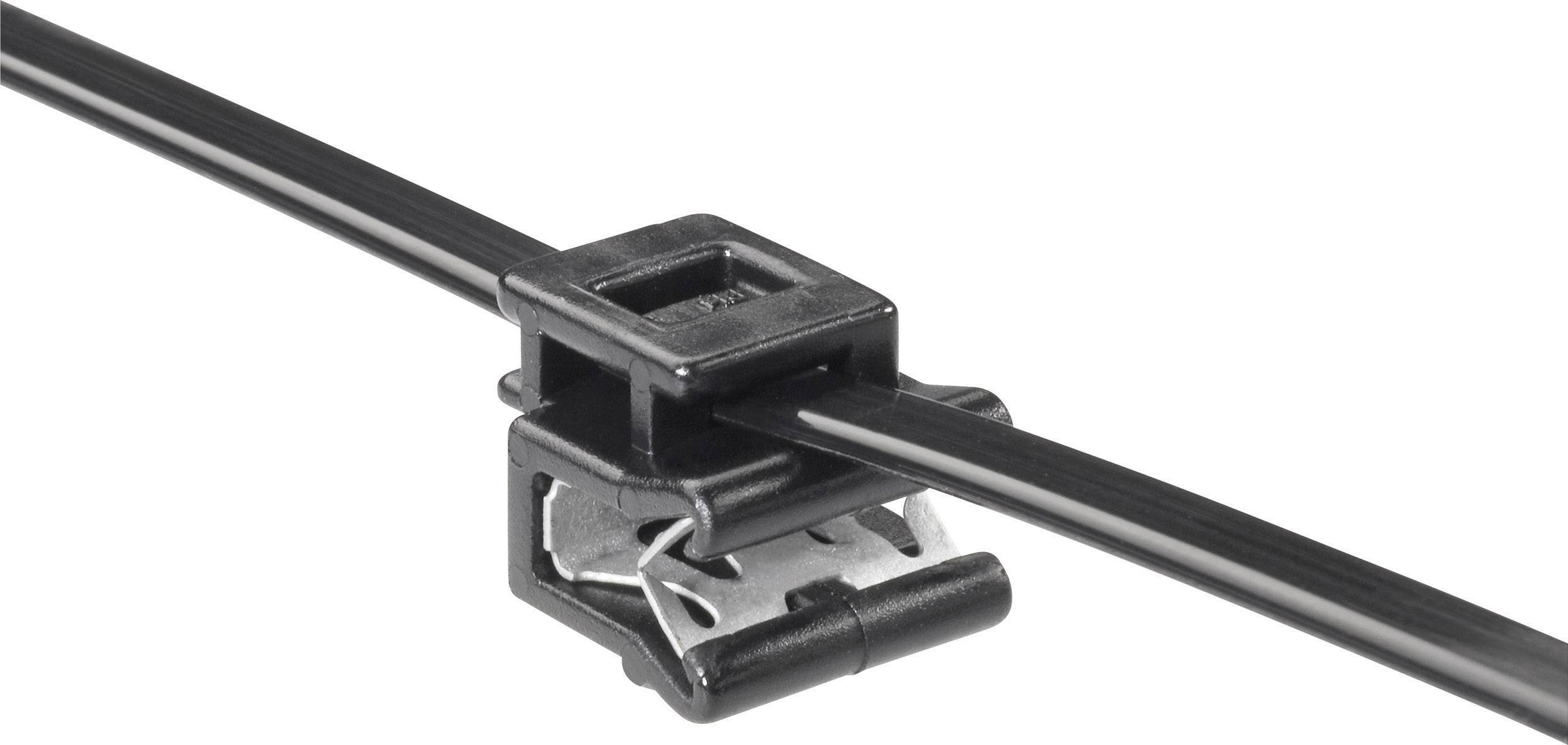 A black cable tie with a prominent, rectangular locking unit that secures and fastens the wire.