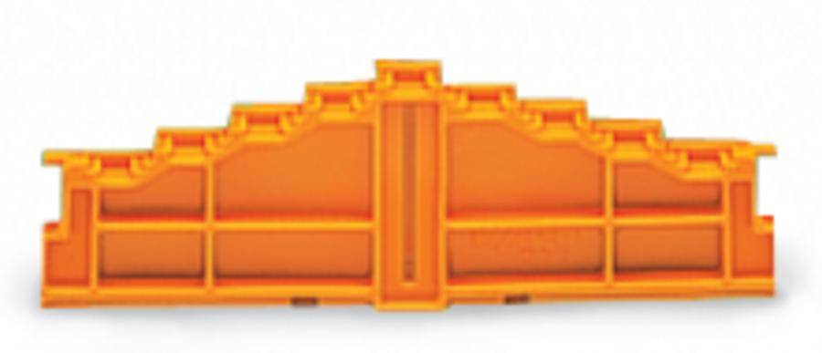 An orange plastic building component with a stepped design that could be part of a construction set or toy.