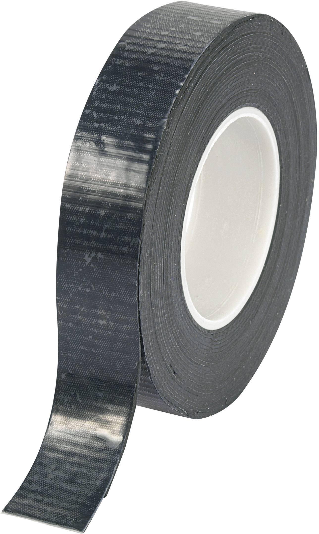 A roll of black electrical tape, partially unrolled on a white background.