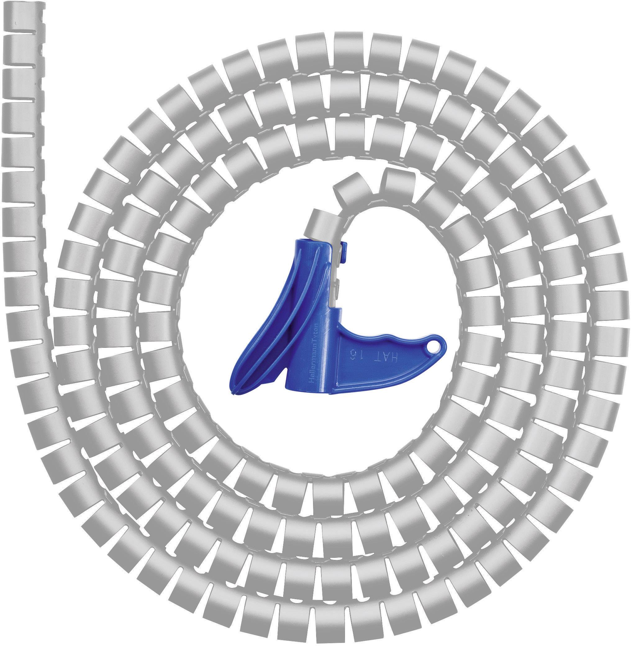 A blue tool lies in the middle of a spiral-wound grey cable cover.