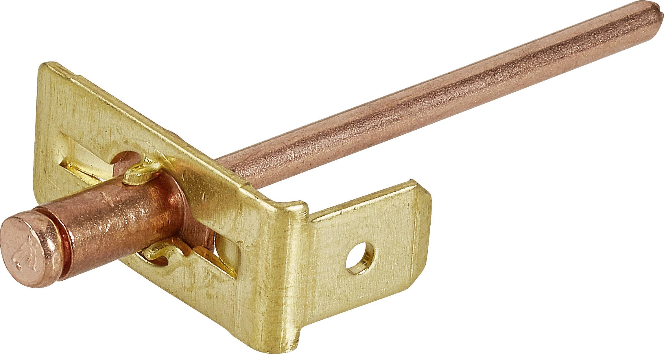 A small, rectangular, golden metal angle with a long, round, copper-coloured rod protruding from it.