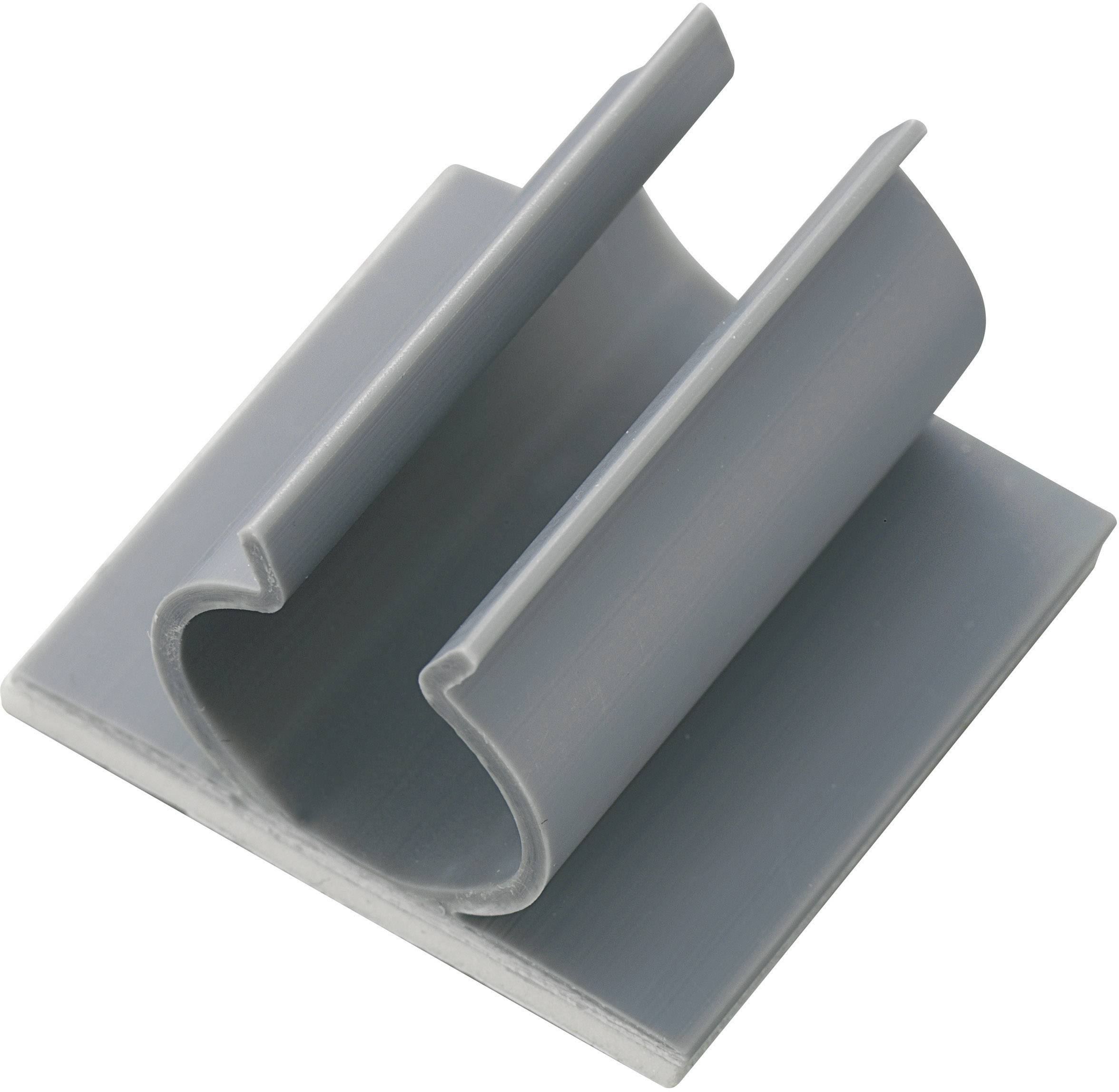 Grey plastic U-shaped clip, mounted on a square base, for securing materials such as cables or hoses.
