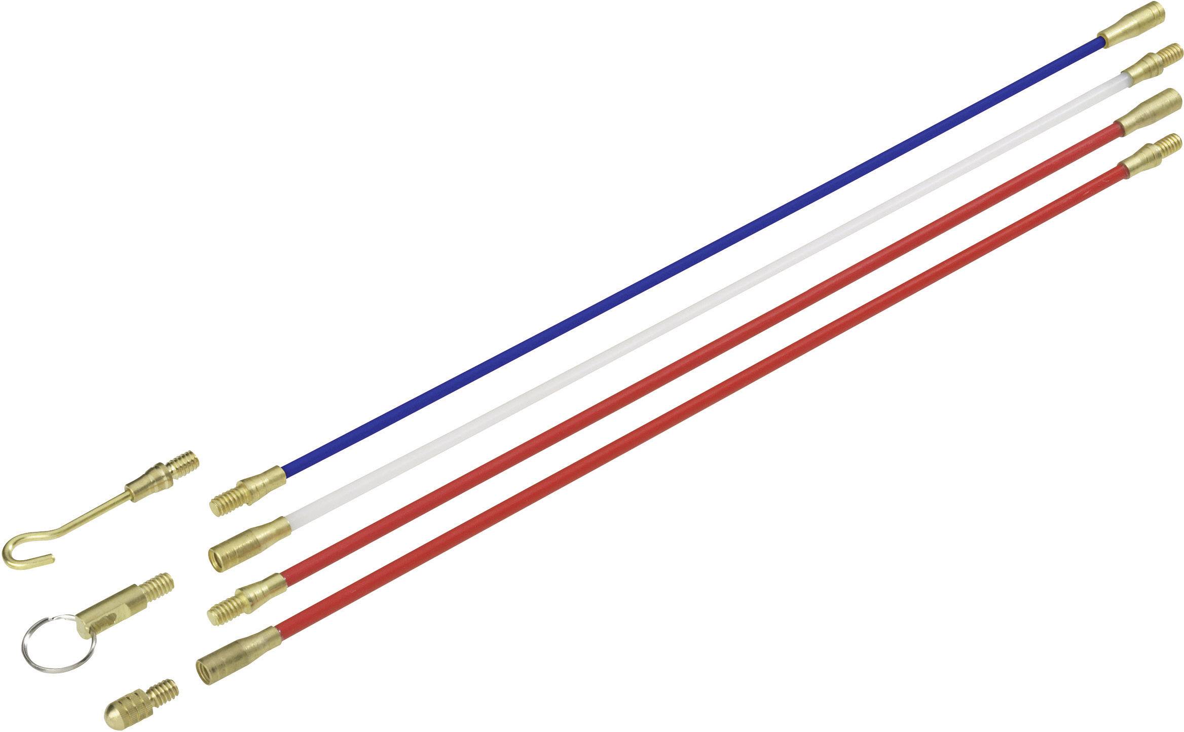 Five extension rods in red, white and blue with brass connections, alongside a hook and two adaptor parts.
