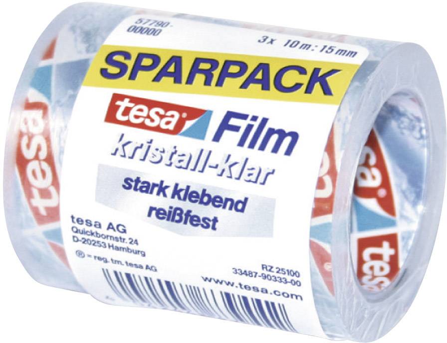Three rolls of transparent, tear-resistant adhesive tape by Tesa in a value pack, each 10 metres long and 15 millimetres wide.
