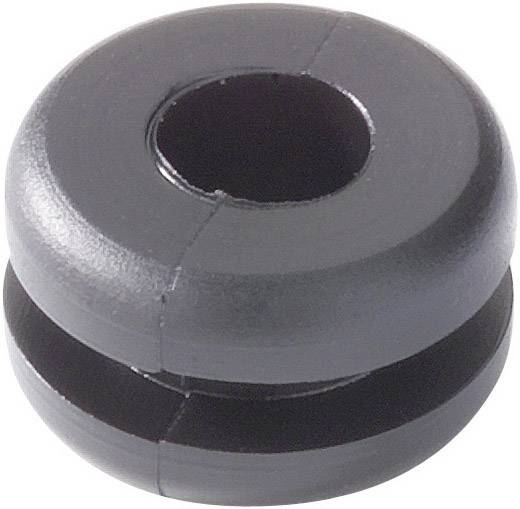 A black ferrite ring core with a central aperture, used to reduce electromagnetic interference in cables.