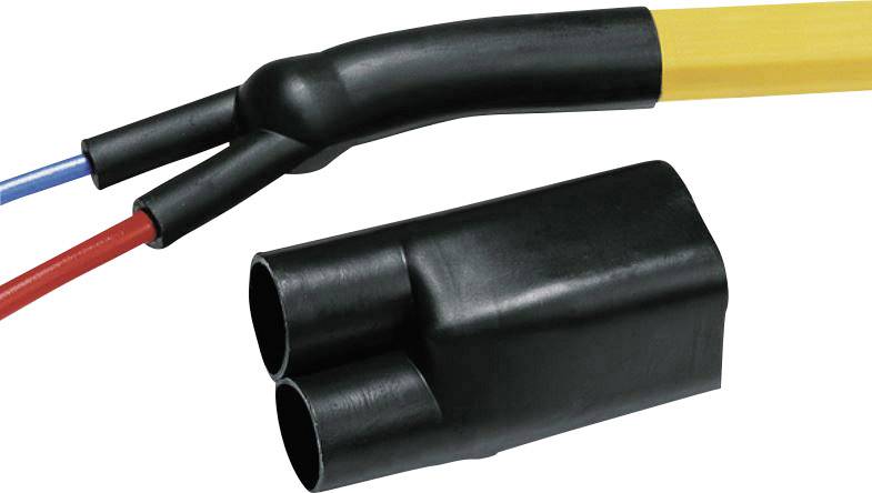 Heat-shrink tubing that encloses three cables and tapers to separate two cables from each other. Cables are red, blue and yellow.