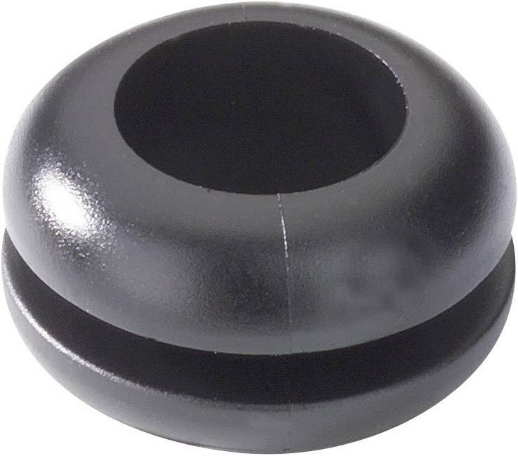 A black, round rubber grommet used for cable routing through casings or walls.