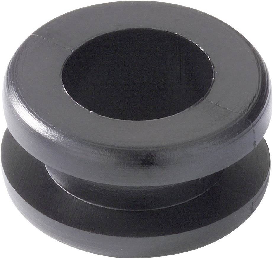 Black rubber grommet with a circular hole in the centre, side view, showing its cylindrical and symmetrical form.