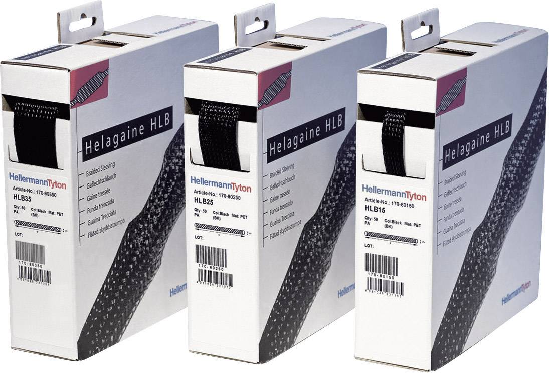Three boxes of Helagaine HLB braided sleeving in various sizes, with black sleeve. Brand: HellermannTyton.