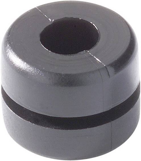 Black, cylindrical ferrite core with a central opening and a vertical groove on the side, used for electromagnetic interference suppression.