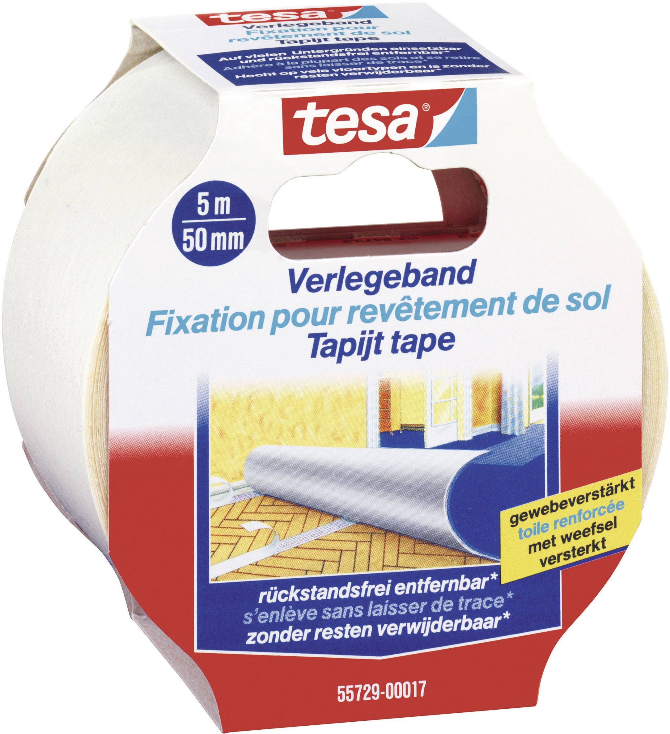 Roll of Tesa carpet laying tape, 5 m x 50 mm, for carpet installation. Packaging shows an application image of a carpet in a room.